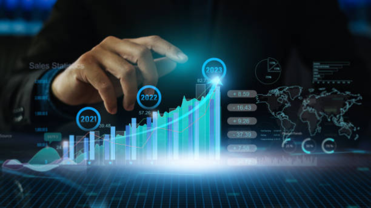 Businessman investment analyzing big data result and economic growth financial with virtual dashboard technology digital marketing. Concept for business, economy and global network. 3D illustration.