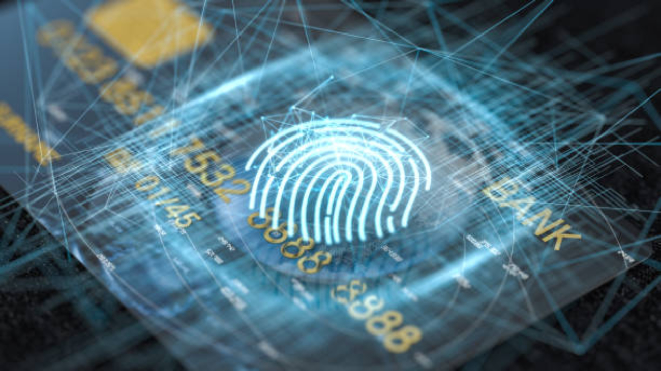 Bank card with fingerprint tech concept glowing lines, 3d rendering. Computer digital drawing.
